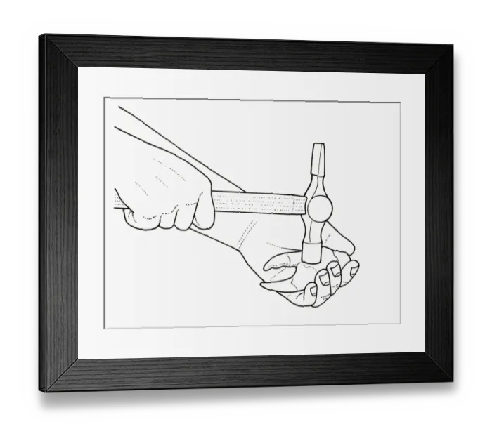 Framed Print : Black and white illustration of using hammer to crack crab claw cupped in palm of hand Framed Print : Black and white illustration of using hammer to crack crab claw cupped in palm of hand