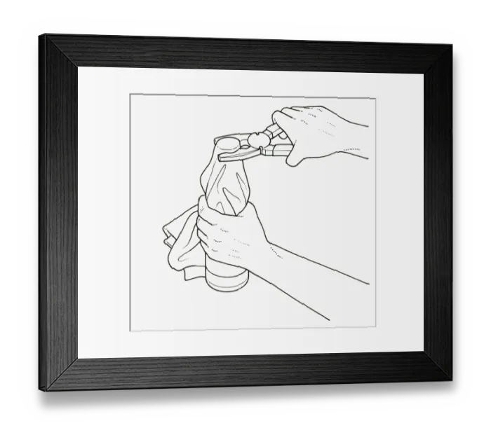 Framed Print : Black and white illustration of holding bottle with tea towel and using pliers to unscrew lid