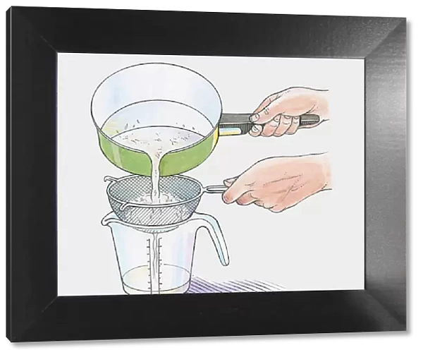 Illustration showing removing water through sieve from boiled white rice in saucepan