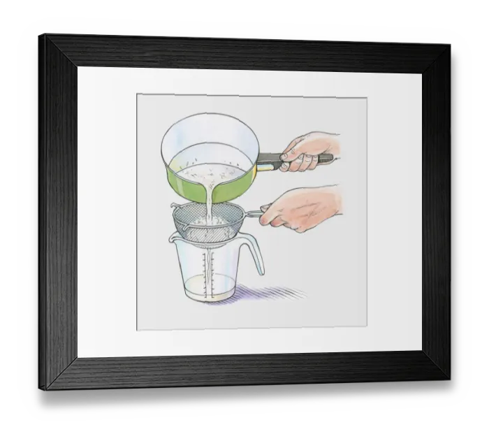 Framed Print : Illustration showing removing water through sieve from boiled white rice in saucepan Framed Print : Illustration showing removing water through sieve from boiled white rice in saucepan