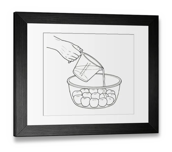 Framed Print : Black and white illustration of pouring fruit liqueur on poached apricots in glass bowl Framed Print : Black and white illustration of pouring fruit liqueur on poached apricots in glass bowl