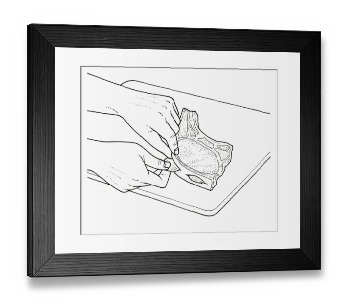 Framed Print : Black and white illustration of tucking dried apricots into slit it pork chop fat Framed Print : Black and white illustration of tucking dried apricots into slit it pork chop fat