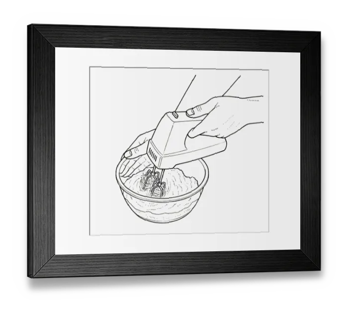 Framed Print : Black and white illustration of whisking ingredients in bowl using electric whisk Framed Print : Black and white illustration of whisking ingredients in bowl using electric whisk