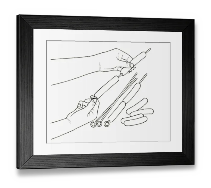 Framed Print : Black and white illustration of putting hot dog sausages on skewer Framed Print : Black and white illustration of putting hot dog sausages on skewer