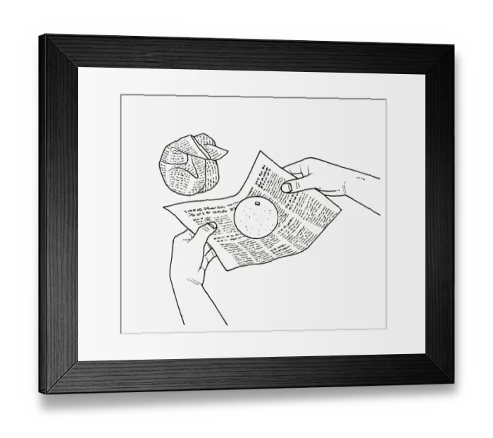 Framed Print : Black and white illustration of wrapping citrus fruit in newspaper Framed Print : Black and white illustration of wrapping citrus fruit in newspaper