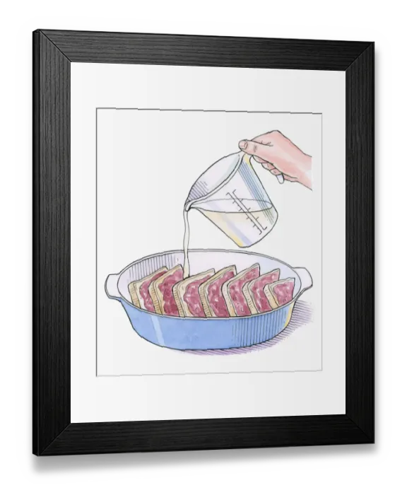 Framed Print : Illustration showing pouring egg and milk on stale bread spread with butter and raspberry jam Framed Print : Illustration showing pouring egg and milk on stale bread spread with butter and raspberry jam
