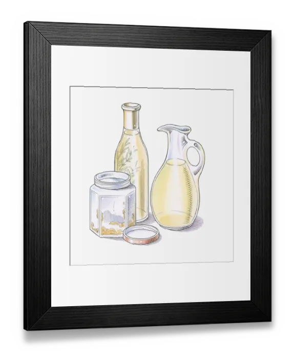 Framed Print : Illustration of mustard, herbs and olive oil for making salad dressing Framed Print : Illustration of mustard, herbs and olive oil for making salad dressing