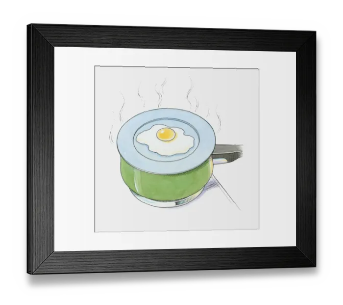 Framed Print : Illustration of cooking egg on heatproof plate over pan of boiling water