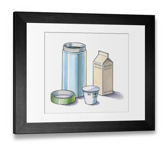 Framed Print : Illustration of carton of milk, pot of yoghurt, drinks flask. and lid Framed Print : Illustration of carton of milk, pot of yoghurt, drinks flask. and lid
