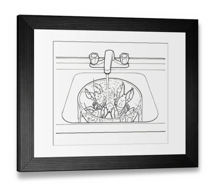 Framed Print : Black and white illustration of keeping crayfish alive in large bowl under running water Framed Print : Black and white illustration of keeping crayfish alive in large bowl under running water