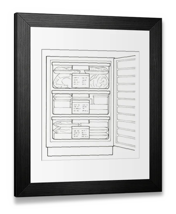Framed Print : Black and white illustration full freezer with labelling on drawers Framed Print : Black and white illustration full freezer with labelling on drawers