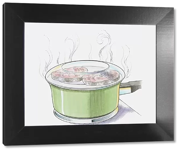 Illustration showing salmon steaks steaming in saucepan with glass lid on top