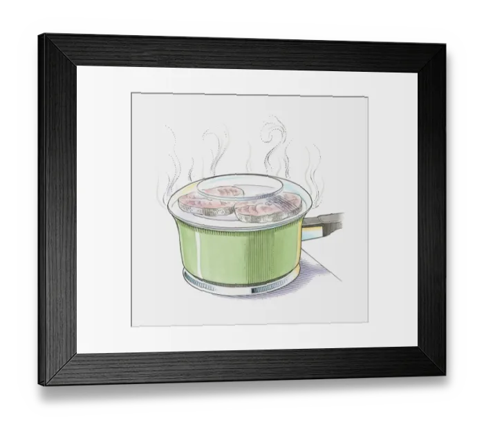 Framed Print : Illustration showing salmon steaks steaming in saucepan with glass lid on top Framed Print : Illustration showing salmon steaks steaming in saucepan with glass lid on top