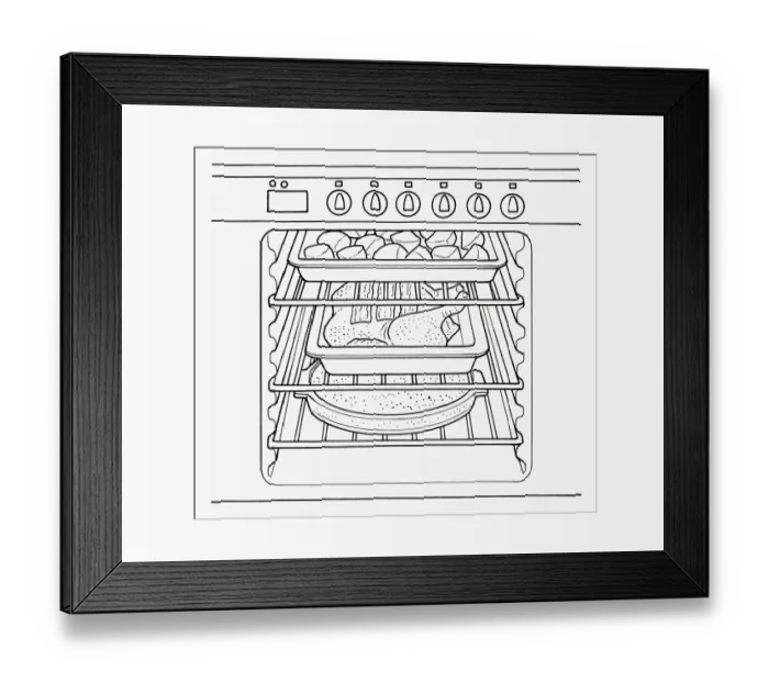 Framed Print : Black and white illustration roast dinner cooking in oven