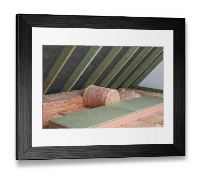 Framed Print : Storage decking on top of fiberglass roof insulating material in attic Framed Print : Storage decking on top of fiberglass roof insulating material in attic