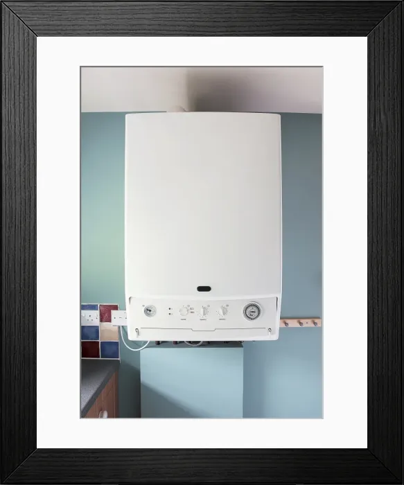 Framed Print : Modern boiler on blue wall in domestic kitchen Framed Print : Modern boiler on blue wall in domestic kitchen