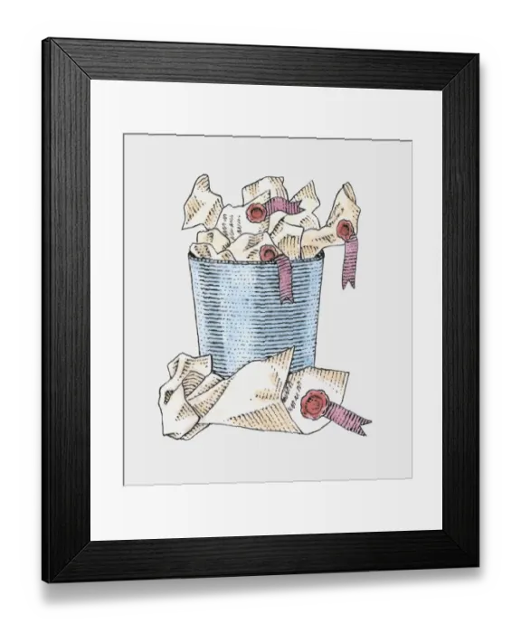 Framed Print : Illustration of crumpled parchment with seals in and next to wastepaper bin Framed Print : Illustration of crumpled parchment with seals in and next to wastepaper bin