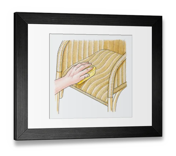 Framed Print : Illustration showing how restore sagging seat of wicker chair using soapy sponge