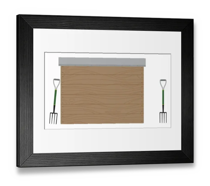 Framed Print : Digital illustration of two garden forks and shed Framed Print : Digital illustration of two garden forks and shed