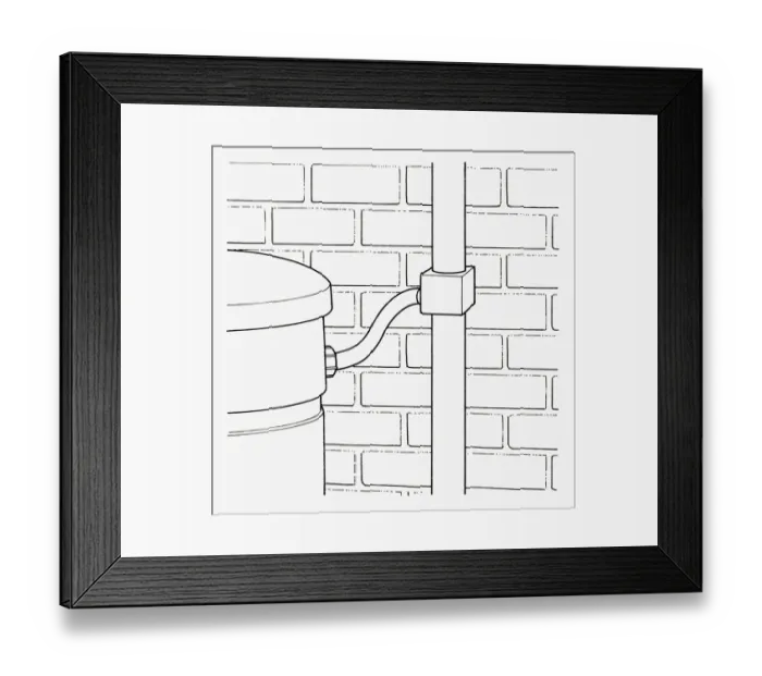 Framed Print : Black and white illustration of water storage tank connected to downpipe Framed Print : Black and white illustration of water storage tank connected to downpipe