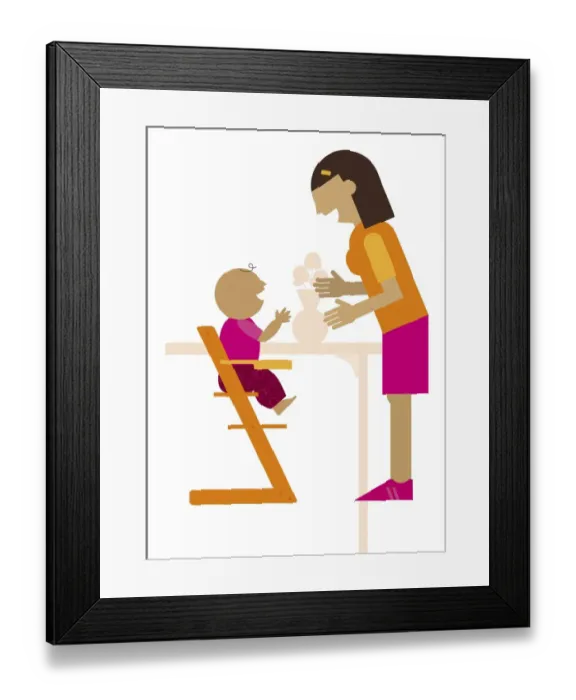 Framed Print : Digital illustration of mother reaching out to baby sitting in high chair Framed Print : Digital illustration of mother reaching out to baby sitting in high chair