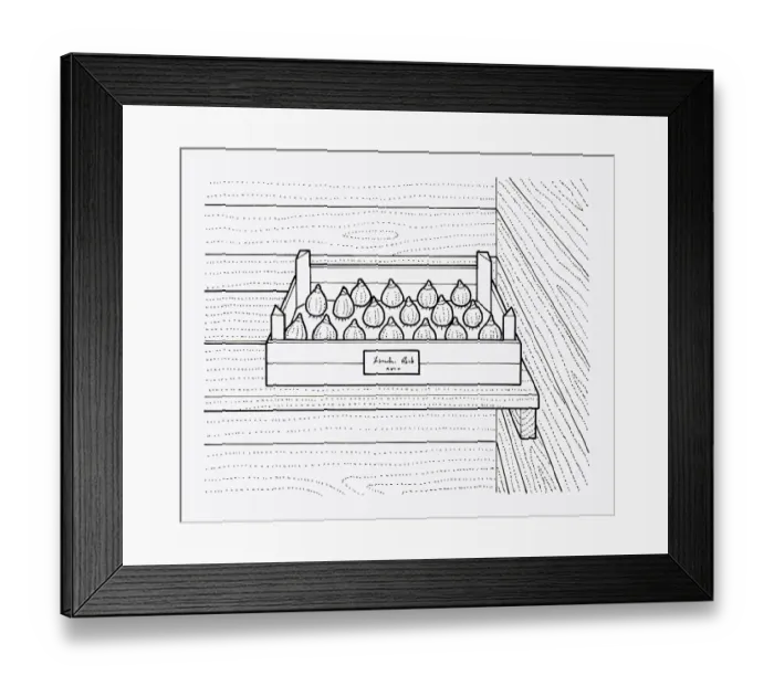 Framed Print : Black and white illustration of storing bulbs in tray inside shed, labelled with date and type of bu Framed Print : Black and white illustration of storing bulbs in tray inside shed, labelled with date and type of bu