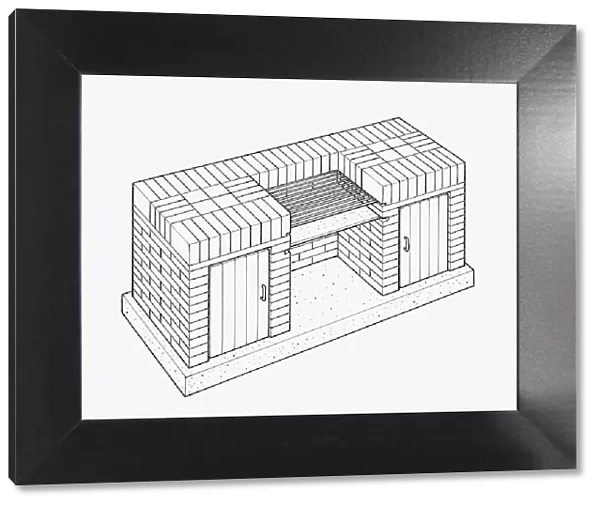 Black and white illustration of brick built barbecue with grill and storage cupboards