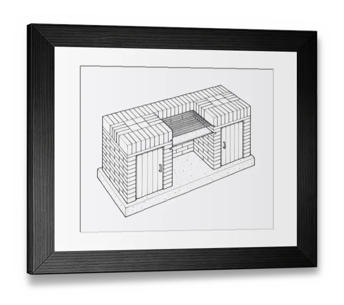 Framed Print : Black and white illustration of brick built barbecue with grill and storage cupboards