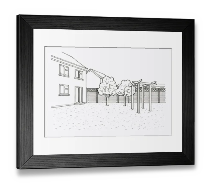 Framed Print : Black and white illustration of trees and pergola in garden and fence with trellis above Framed Print : Black and white illustration of trees and pergola in garden and fence with trellis above