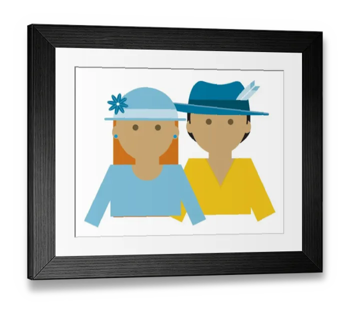 Framed Print : Digital illustration of woman wearing blue hat with flower, and man wearing blue hat with feather ab Framed Print : Digital illustration of woman wearing blue hat with flower, and man wearing blue hat with feather ab