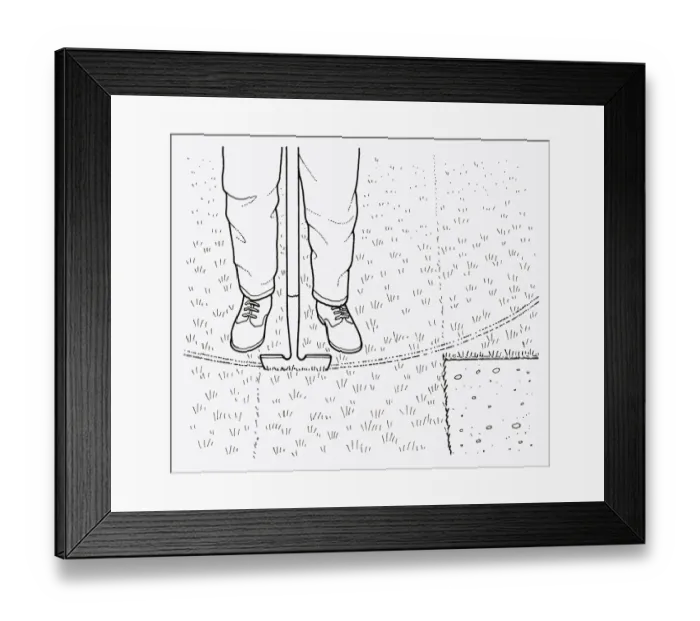Framed Print : Black and white illustration of using edging tool to cut curve in lawn