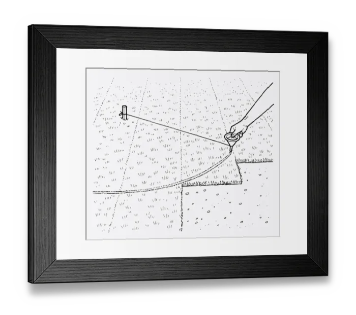 Framed Print : Black and white illustration of using spout and string to mark curve in lawn