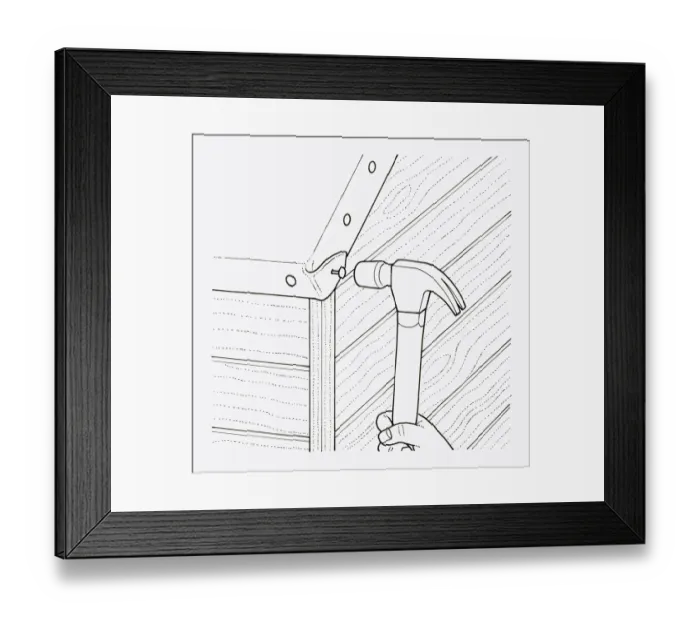Framed Print : Black and white illustration of of using hammer to nail felt roofing on eaves of garden shed