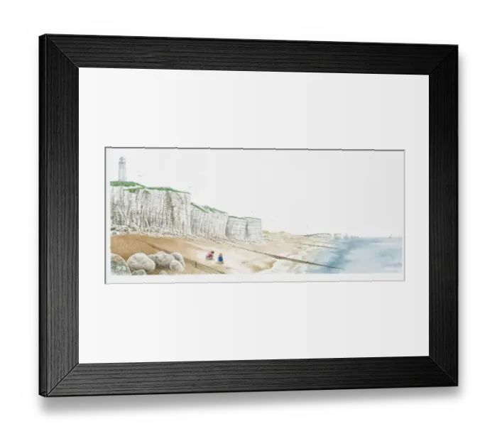 Framed Print : Illustration of coastline with lighthouse atop white cliffs, sea, and people sitting on beach below Framed Print : Illustration of coastline with lighthouse atop white cliffs, sea, and people sitting on beach below