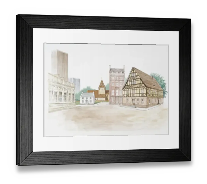 Framed Print : Illustration of buildings built from stone, concrete, and wood Framed Print : Illustration of buildings built from stone, concrete, and wood