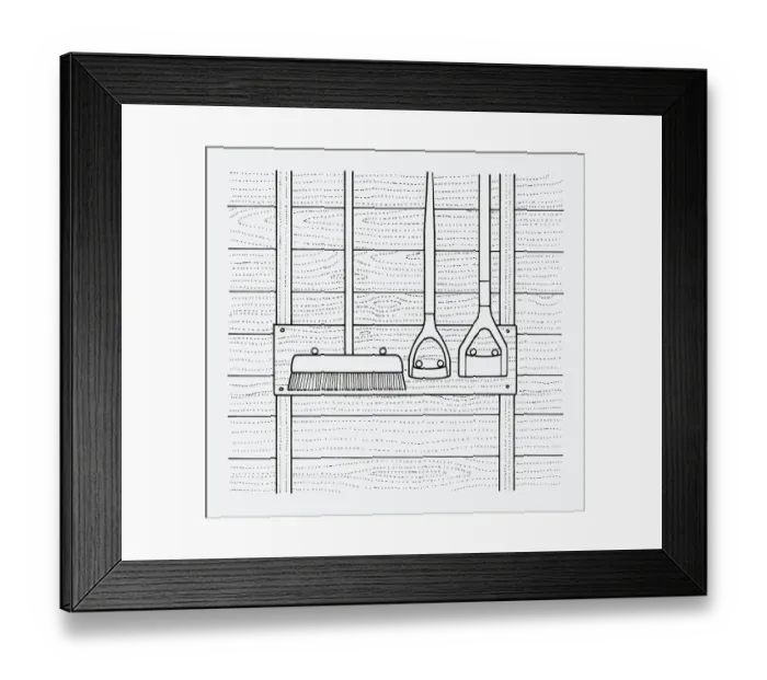 Framed Print : Black and white illustration of broom and hoes hanging on tool rack in shed Framed Print : Black and white illustration of broom and hoes hanging on tool rack in shed