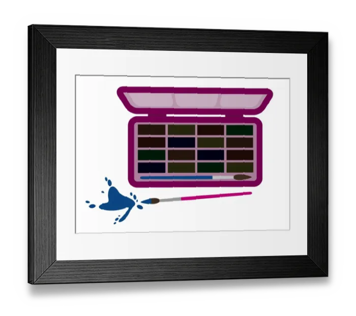 Framed Print : Digital illustration representing watercolour paints in box and spilt blue paint near paintbrush Framed Print : Digital illustration representing watercolour paints in box and spilt blue paint near paintbrush
