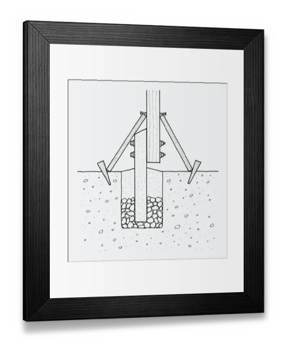 Framed Print : Black and white illustration showing concrete bolted to base of wooden post above soil Framed Print : Black and white illustration showing concrete bolted to base of wooden post above soil