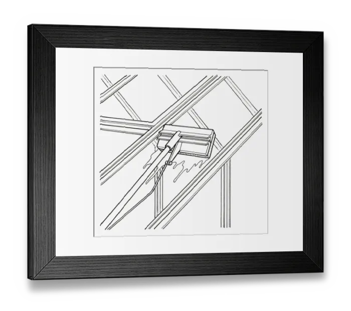 Framed Print : Black and white illustration showing how to clean greenhouse roof glass using long handled floor mop Framed Print : Black and white illustration showing how to clean greenhouse roof glass using long handled floor mop