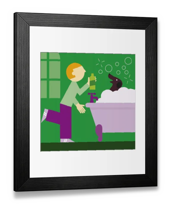 Framed Print : Digital illustration representing man shampooing dog in bath Framed Print : Digital illustration representing man shampooing dog in bath
