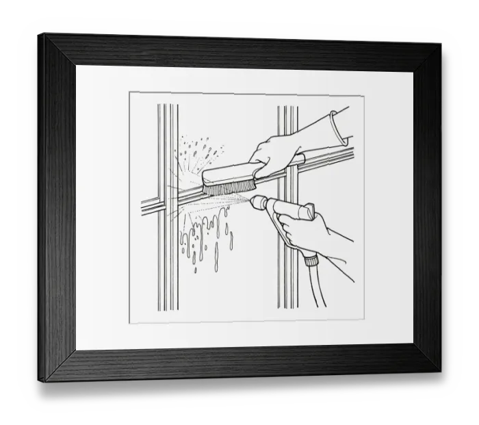 Framed Print : Black and white illustration of scrubbing mould from greenhouse window frame using water spray and b Framed Print : Black and white illustration of scrubbing mould from greenhouse window frame using water spray and b
