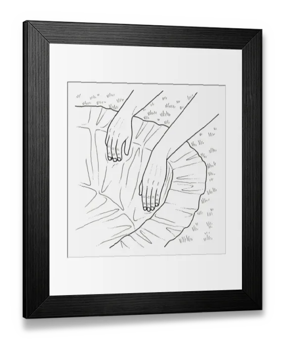 Framed Print : Black and white illustration of positioning pond liner in hole