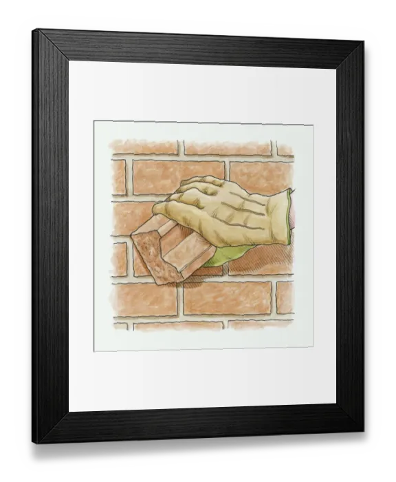 Framed Print : Illustration showing how to renovate discoloured wall by rubbing it with wet brick