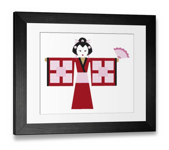 Framed Print : Digital illustration of Geisha with soduku grids on kimono sleeves Framed Print : Digital illustration of Geisha with soduku grids on kimono sleeves