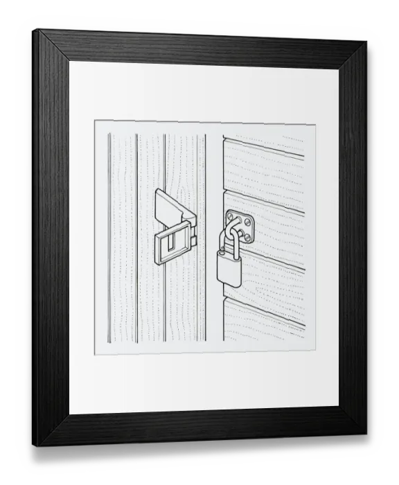 Framed Print : Black and white illustration of open padlock on shed Framed Print : Black and white illustration of open padlock on shed