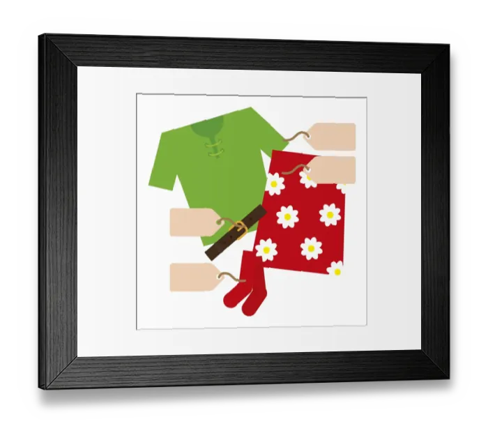 Framed Print : Digital illustration of labels on womens items of new clothing including, top, skirt, belt and sock Framed Print : Digital illustration of labels on womens items of new clothing including, top, skirt, belt and sock