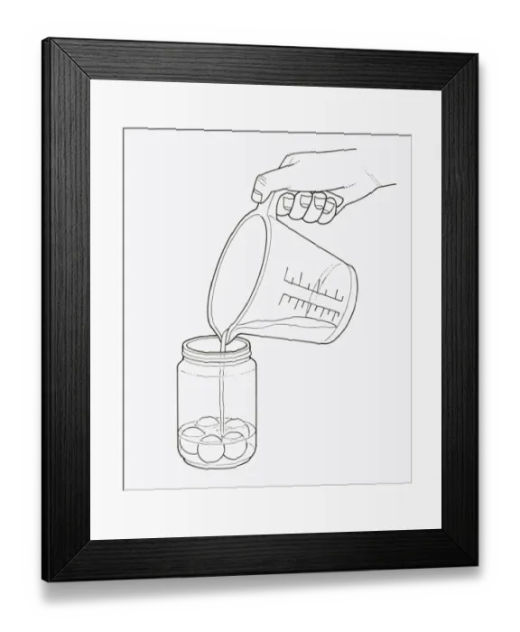 Framed Print : Black and white illustration of pouring water on putty balls in jar Framed Print : Black and white illustration of pouring water on putty balls in jar