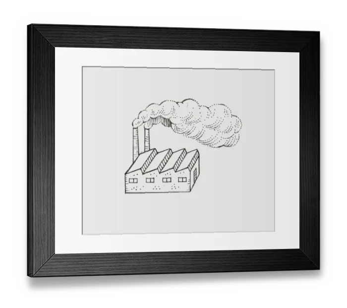 Framed Print : Black and White illustration of smoke billowing from factory chimneys Framed Print : Black and White illustration of smoke billowing from factory chimneys