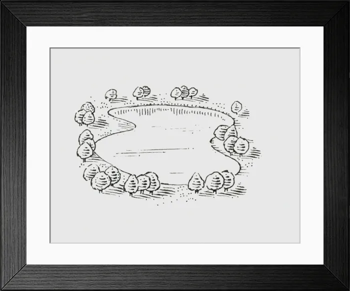 Framed Print : Black and white illustration of of trees surrounding a lake Framed Print : Black and white illustration of of trees surrounding a lake