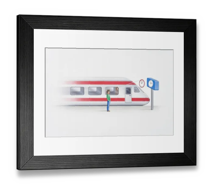 Framed Print : Illustration of man standing on platform next to stationary train Framed Print : Illustration of man standing on platform next to stationary train